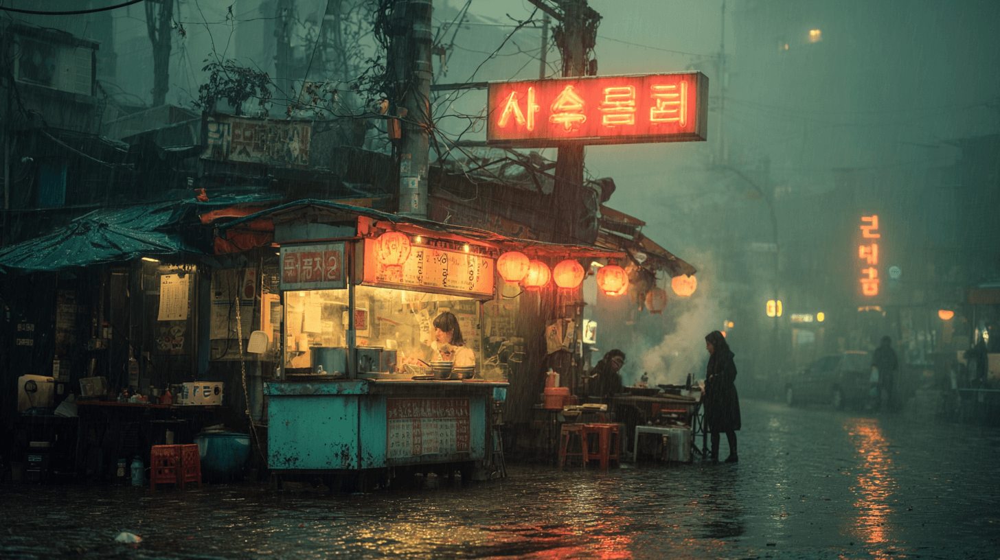 Rain-soaked Seoul alley at midnight, electric magenta and cobalt neon signs reflecting in wet cobblestones, woman selli…
