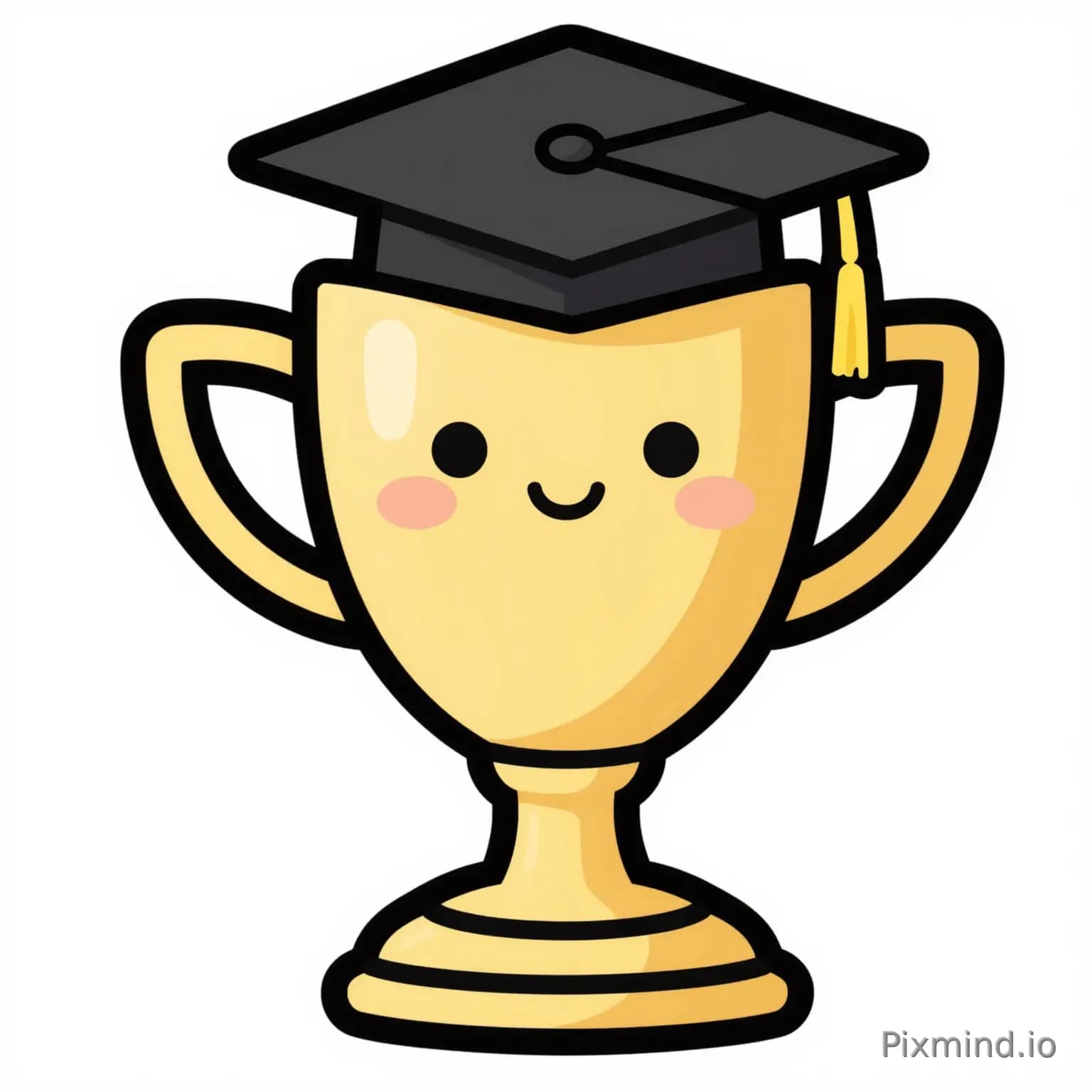 Cute Graduation Trophy clipart, thick bold black outline, rounded whimsical shapes, soft textured digital paint lightly…
