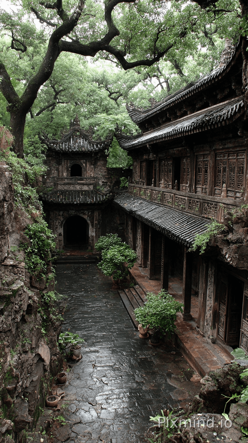 Colossal forgotten ancient Chinese haunted mansion hidden deep within misty mountains, gigantic Song dynasty architectu…