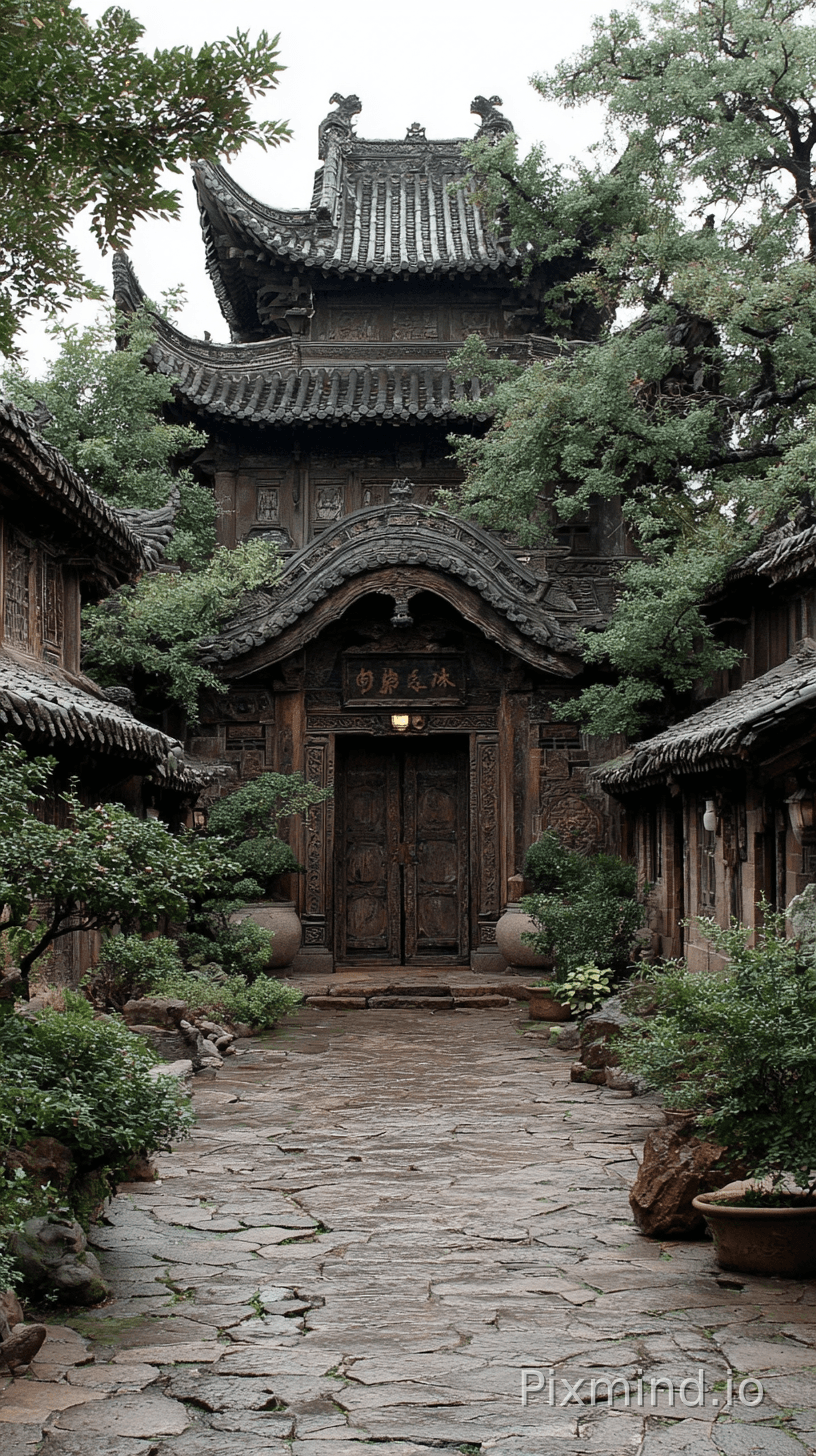 Colossal forgotten ancient Chinese haunted mansion hidden deep within misty mountains, gigantic Song dynasty architectu…
