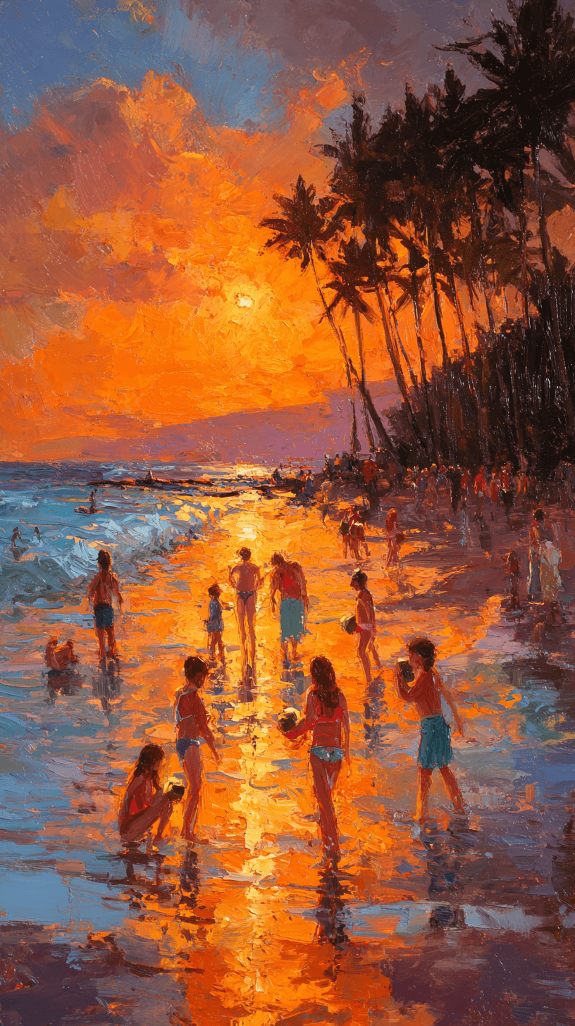 An impressionistic oil painting of a magnificent tropical beach at golden hour. The canvas depicts a glorious sunset, w…