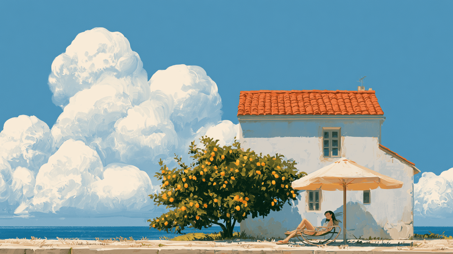 A peaceful blue seaside scene on a bright summer afternoon. Beneath an expansive sky, enormous soft white clouds float…