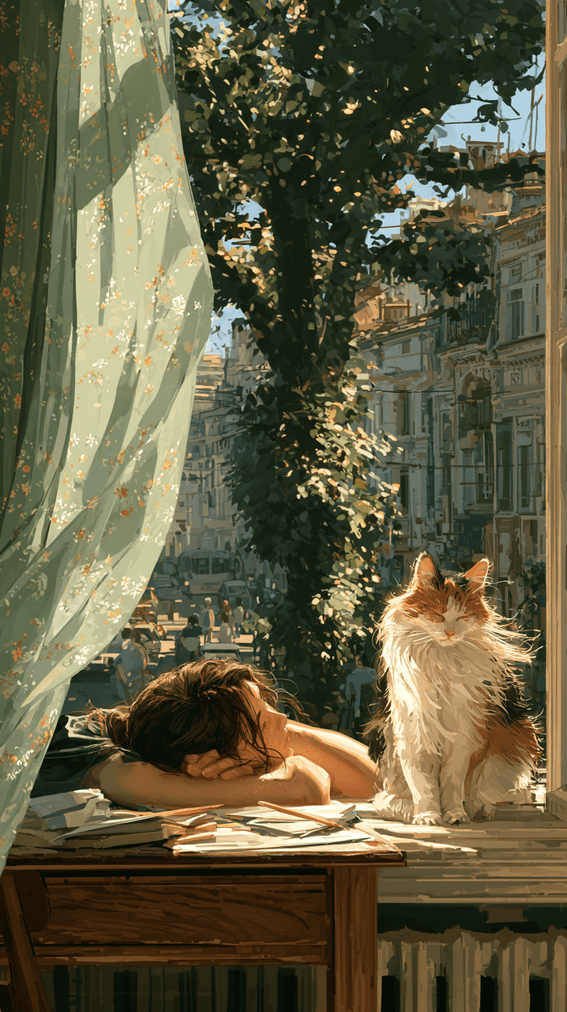 A quiet summer afternoon viewed from inside an old apartment room. A gentle breeze lifts and billows a pair of pale gre…