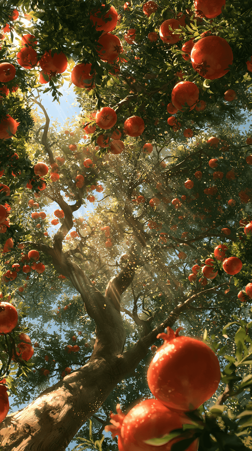 A monumental pomegranate tree viewed from an extreme low-angle worm’s-eye perspective, looking straight upward from ben…