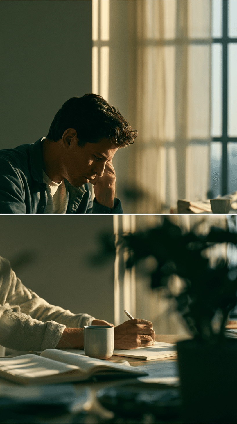 A thoughtful young professional, mid-task, sketching in a sophisticated home office. Subtle expression of concentration…
