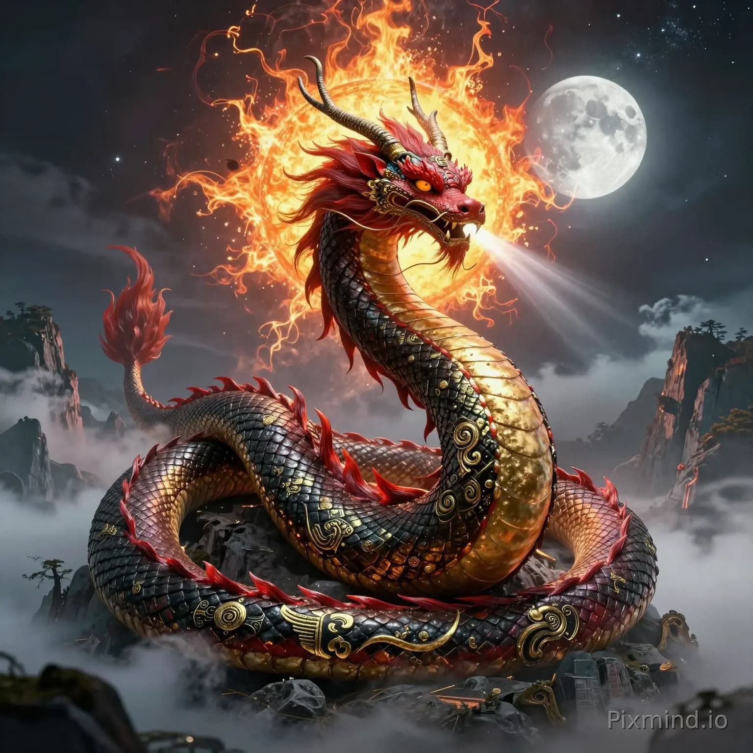 山海经》烛龙复原图，一条掌控天地昼夜的远古赤红神蛇，人面龙身，盘绕钟山万里，黑金鳞甲刻满青铜神纹，一眼燃烧太阳，一眼蕴含月夜，睁眼照耀九州，闭眼万物沉眠，吐息化作风云雷霆，日月同天，昆仑洪荒世界，东方神话史诗艺术，电影级光影，超真实细节，…