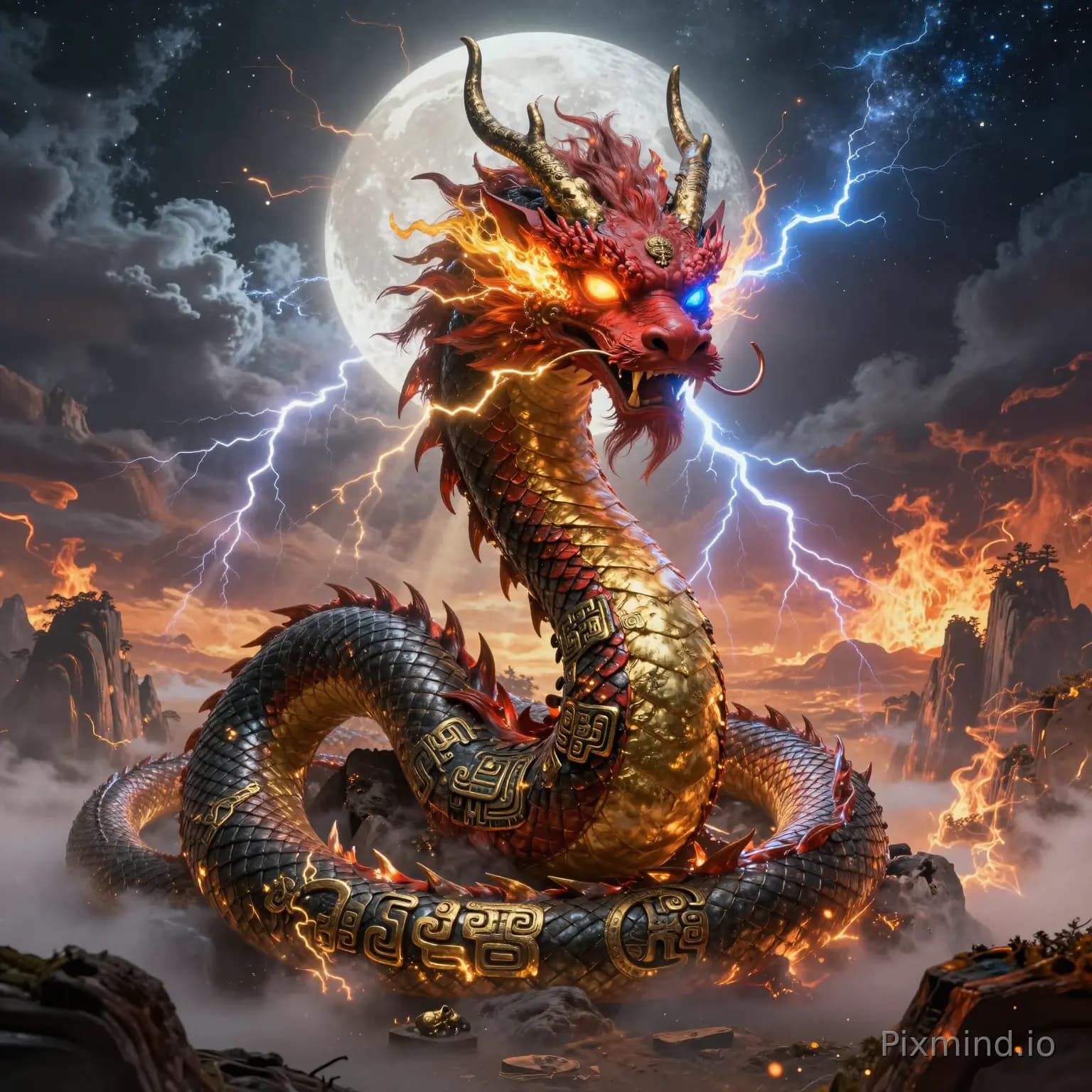 一张震撼人心的《山海经》远古神兽烛龙复原图。主体为一条人面蛇身的赤红巨龙，神色威严庄重，面部如古老石雕神像般静穆。它巨大的黑金色躯壳盘绕着延绵万里的钟山，鳞甲上镂刻着繁复的商周青铜饕餮神纹，流淌着暗金色的古老能量。烛龙双眸半睁，左眼如炽热…