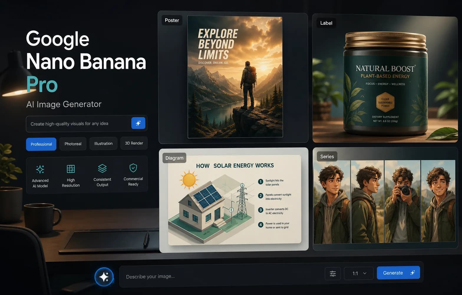 A premium AI creative workspace showing generated visual outputs