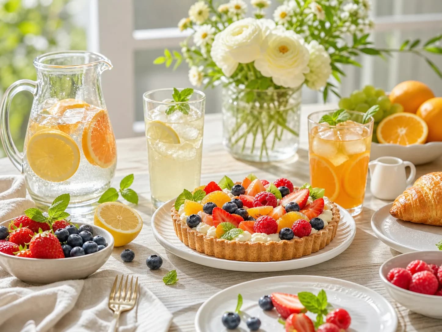 Bright brunch table, fruit tart, citrus drinks, flowers, clean lifestyle advertising finish.