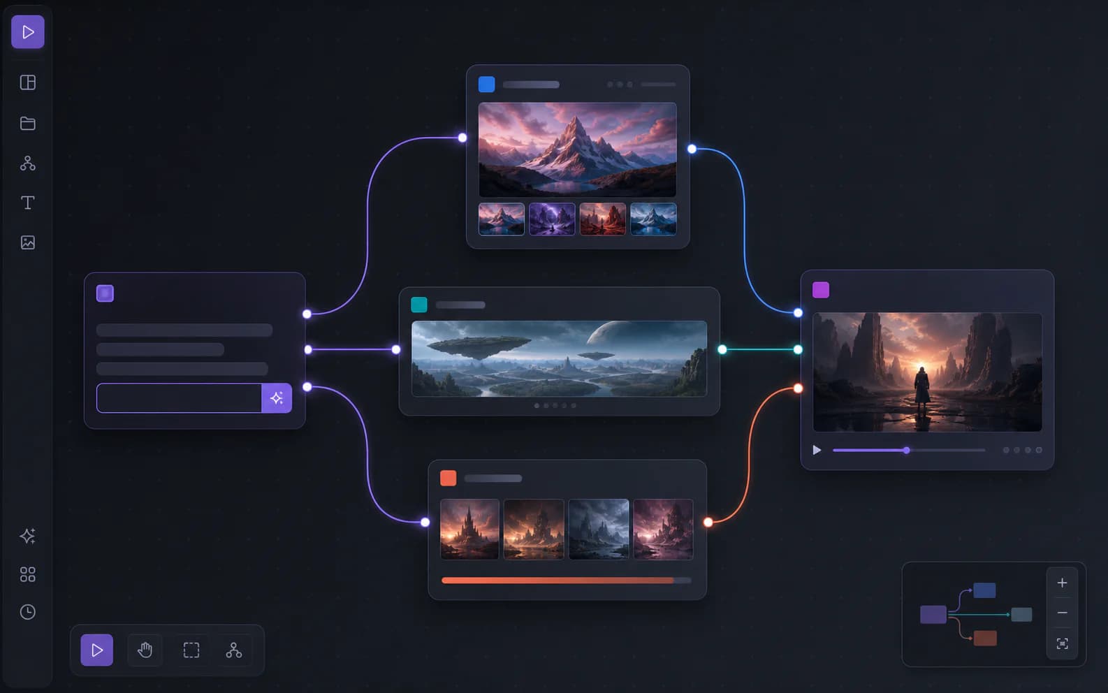 Node-based AI infinite canvas connecting a text prompt to image, panorama and video generation nodes