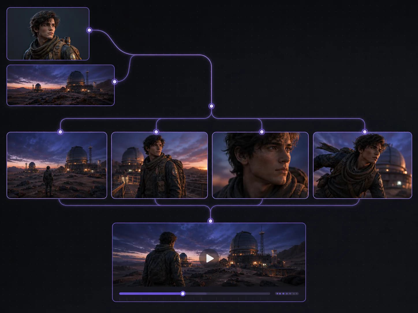 AI storyboard canvas connecting a character and environment to consistent shots and a video result