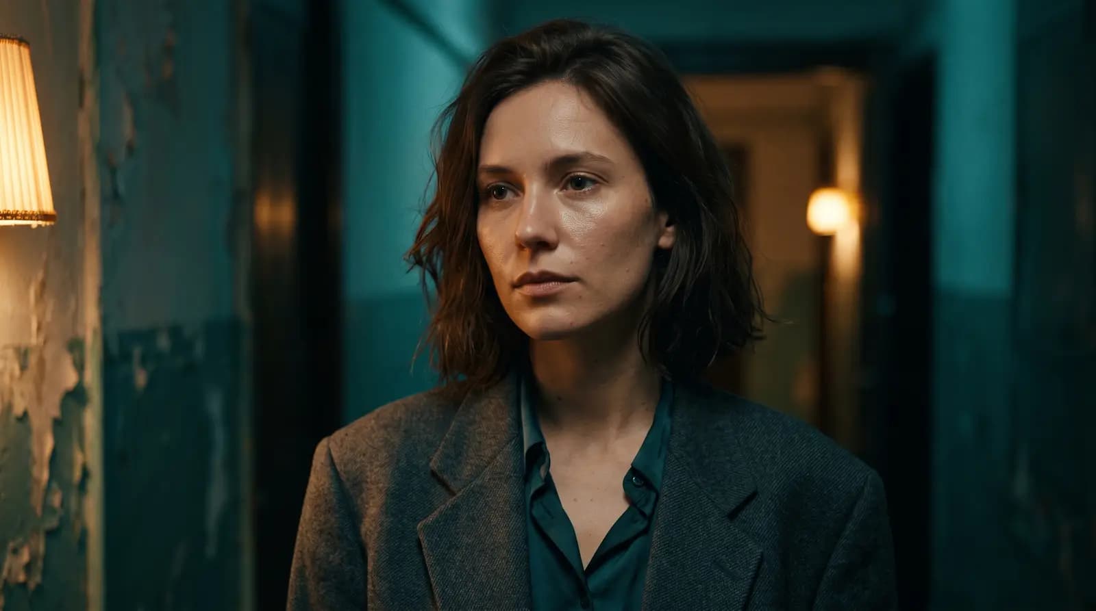 Cinematic editorial portrait of a woman with dramatic film-still lighting
