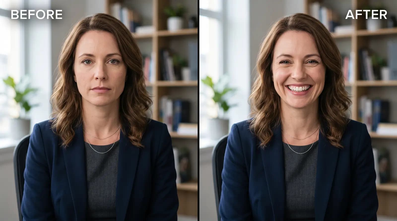 Before and after sad to happy face transformation
